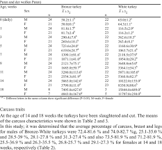 The average weight of a turkey has gone from 15.1 pounds in 1960 to 31.1 pounds in 2017. Average Body Weights Of Bronze And White Turkeys G Download Table