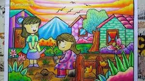 Lukisan dengan pemandangan sawah dimana di lukisan itu sang petani sedang menanam padi. Cara Menggambar Dan Mewarnai Gradasi Crayon Tema Berkebun Go Green Drawing Scenery Youtube