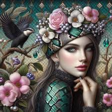 Prompt from Sylvia Stokes, it's amazing! thank you for sharing your prompt  & incredible images 💚 my take: Highly realistic surreal image of a woman  wearing a pretty flowery and diamond pearl