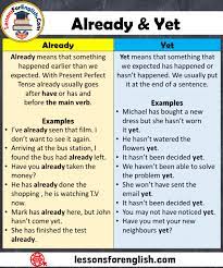 English Difference Between Already And Yet Yet Yet Means That Something That We Expected Has Happ English Teaching Resources English Vocabulary English Grammar