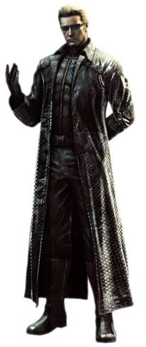 Albert Wesker close up face detail with dark tracking background