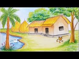 How To Draw Village Scenery Step By Step With Oil Pastels Youtube Drawing Scenery Scenery Drawing For Kids Landscape Drawings