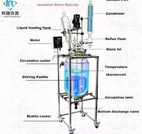A jacketed glass reactor setup, likely used for chemical ...