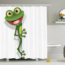 Cartoon Decor Collection Jolly Frog With Greater Eye Lizard Gecko Smily Childish Funny Cartoon Artwork Print Polyester Fabric Bathroom Shower Curtain Set With In 2020 Frog Drawing Animated Frog Frog Pictures