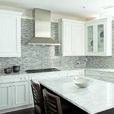 Anthony Tahlier Photography Kitchens Blue Brown Gray Glass Mosaic Backsplash For White Cabinets Glass Backsplash Kitchen White Tile Kitchen Backsplash