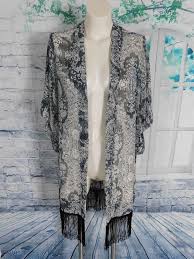 Black And White Kimono Duster Nwt Steve Madden Black White Print Sheer Fringe Trim Kimono Duster Cover Shrug Stevemadden Kimono Trimmed Kimono Kimono Duster Kimono