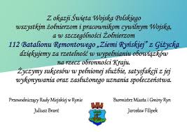 To doskonała okazja do tego, aby złożyć najserdeczniejsze życzenia wszystkim dowódcom i żołnierzom służącym naszej ojczyźnie. Swieto Wojska Polskiego Zyczenia Miasto I Gmina Ryn
