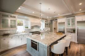 White Kitchen With Calacatta Carrara Marble Counter And Moody Blue Color Island Contrasting Kitchen Island Kitchen Island With Sink Kitchen Island With Seating