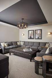 Basement Paint Color Walls Are Benjamin Moore Revere Pewter And The Tray Ceiling Is Be Idee Arredamento Soggiorno Design Del Soffitto Soggiorno Controsoffitto