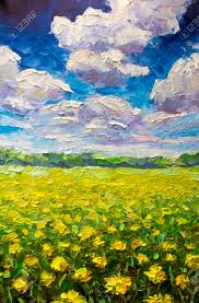 This landscape art quilt features a meadow of flowers nestled beneath trees and snow capped. Flowers Field Painting The Endless Summer Field Of Yellow Orange Stock Photo Picture And Royalty Free Image Image 101890815