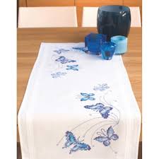 Blue Butterflies Table Runner Stamped Embroidery Kit 16 X40 Kelebekler Kanavice Ornekleri Kanavice Tasarimlari