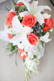 Wedding bouquets 17 piece package bridal silk flower coral ivory calla lily. Coral Cascade Bride Bouquet White Lilies Succulents White Orchids And Beach Greens Bridal Bouquets Wedding Flowers Cascading Wedding Bouquets Wedding
