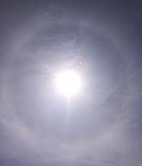A halo is a ring or light that forms around the sun or moon as the sun or moon light refracts off ice crystals present in a thin veil of cirrus clouds. Halo Optical Phenomenon Wikipedia