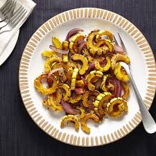 Roasting The Squash With Olive Oil And Maple Syrup Enhances Their Sweetness While Helping Them Turn A Rich Golde In 2020 Delicata Squash Wfpb Recipes Red Onion Recipes