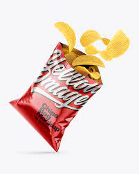 Download Opened Metallic Bag With Riffled Potato Chips Mockup In Flow Pack Mockups On Yellow Images Object Mockups