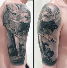 Brilliant grey ink evil tattoo on left full sleeve. Top 73 St Michael Tattoo Ideas 2021 Inspiration Guide