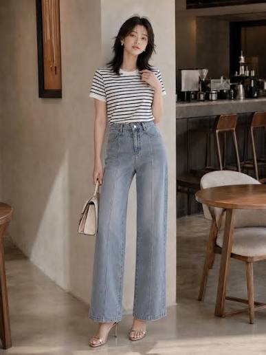 Quần Jean ống rộng phối mảnh diễu chỉ nổi