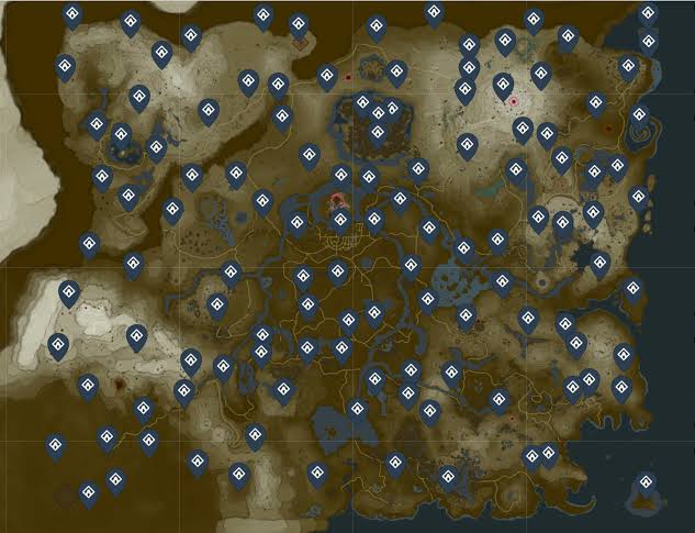 A completed map of the 120 Surface Shrines across Hyrule., do AI tạo