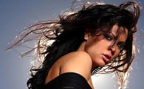 Christa Campbell, sexy, blue eyes, hot, cool, sky, black hair, woman,  female HD wallpaper