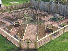 Brick Paths In The Garden Of Raised Beds With A Homemade Arch For Pumpkins And Squash To Grow Up Brick Pa Garden Layout Vegetable Brick Garden Garden Layout