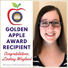 Congratulations to Lindsay Wayland, Johnson Elementary 4th grade teacher,  for being a 2020 Golden Apple Award recipient! 🍎👏 “I love being a teacher  because 9- and 10-year-olds are my people! They are