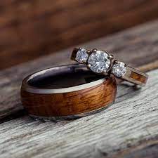 Whiskey Barrel Wood Wedding Ring Set Three Stone Engagement Etsy Wood Engagement Ring Wood Wedding Ring Three Stone Engagement Rings