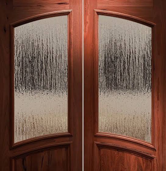 Rain Frosted Glass Insert in Wooden Double Doors