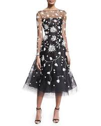 B3quc Oscar De La Renta Embroidered Illusion Tulle Midi Dress Black White Sheer Long Sleeve Dress Long Sleeve Sequin Dress Long Sleeve Midi Dress