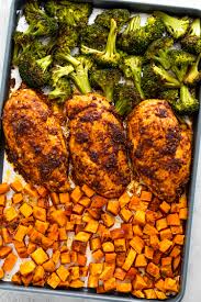 Once the cauliflower and broccoli are done, add 10 minutes for the sweet potatoes to finish roasting (cauliflower and broccoli = 30 minutes; Sheet Pan Roasted Chicken Sweet Potatoes Broccoli Meal Prep Gimme Delicious