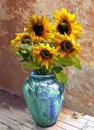 Sunflowers In Bluegreen Vase By I M Spadecaller Sunflower Painting Oil Painting Flowers Sunflower Art
