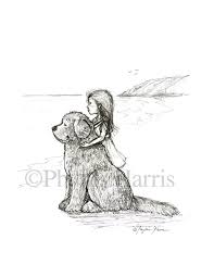 Little Girl And Her Beloved Newfoundland Dog At The Beach Sketch Art Print Newfy Beach Sketches Dog Sketch Art Sketches