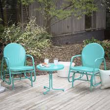 Outdoor 3 Piece Retro Turquoise Blue Patio Furniture Glider Chair Set With Side Table Blue Patio Furniture Metal Patio Furniture Furniture Gliders