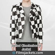 Black And White Checkered Leather Jacket Men S Belted Checkerboard Leather Jacket In 2020 Jackets White Leather Jacket Leather Jacket