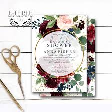 When autocomplete results are available use up and down arrows to review and enter to select. Navy Blue Burgundy And Blush Floral Bridal Shower Invitation With Gold Accents E Three Design Studio