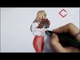 رسم سهل بنت تحمل باقة ورد خطوة بخطوة Youtube Girl Drawing Girl Drawings