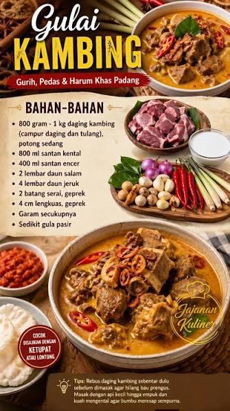 Resep gulai kambing yang gurih, pedas, dan harum khas Padang. Bahan-bahan  (untuk 5-6 porsi): - 800 gram - 1 kg daging kambing (campur daging dan  tulang), potong sedang - 800 ml santan