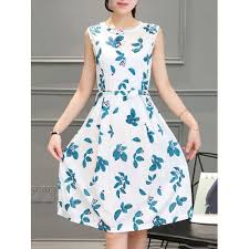 fashionmia women round neck belt printed skater dress women