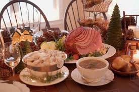 The true american christmas feast honors traditional holiday favorites from all points of the globe. Christmas Table With Roast Ham Usa Stock Photo Dissolve