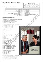 Like and share our website to support us. Movie Trailer Activity The Intern 2015 Esl Worksheet By Marah78