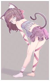 pettan (zeez4743), fallenshadow, indie virtual youtuber, highres, 1girl,  animal ear fluff, animal ears, arm ribbon, bow, brown hair, camisole, cat  ears, cat girl, cat tail, from behind, full body, glasses, hair bow,