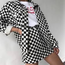 Black And White Checkered Denim Jacket Www Mingalondon Com 90s Fashion Aesthetic Outfits Rainbow Stripes Ribbed Vintage Vtg Colors Colours Clothin Checkered Outfit Fashion Retro Outfits