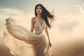 Premium AI Image | Asian girl in a white dress among the clouds neural  network ai generated