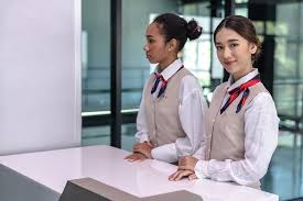 Two female airport counter staffs in airline uniforms standing at airport  check in desk, airport workers work at airport counter service, airline  business, customer service in airline industry