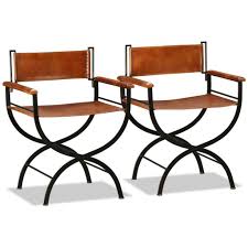 2 Pcs Genuine Leather Folding Dining Chairs Directors Chair Set Black And Brown Ebay Dining Room Seating Folding Chair Retro Dining Table
