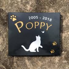 Cat memorial grave markers, cat memorials, cat memorial stone, cat gravestone, burial stone, cemetery stone for cat, cat headstone, engraved stone, personalized custom. Riven Signs Slate Memorial Marker Plaque Poppy Cat Design
