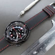 Black And Red Watch Straps 22mm Miltat Kevlar Watch Strap In Red Stitches Demo On Seiko Sbbn023 Prospex Tuna Sea Golgo 13 Limited Edition Seikot Watch Strap Leather Watch Strap Watches