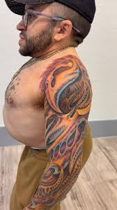 Slapped in some added textures and color pops tonight. Custom organic art  inspired by Guy Aitchison, work done from Mike Sizemore ‼️🔥 Can't wait to  finish soon.