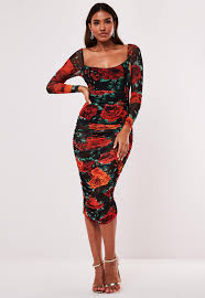 Maybe you would like to learn more about one of these? Missguided Synthetic Black Floral Mesh Ruched Long Sleeve Midi Dress Lyst