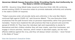 Executive orders by governor greg abbott: Greg Abbott On Twitter I Issued An Executive Order Providing Uniformity In Texas Covid Response We Must Rely On Personal Responsibility Not Gov T Mandates Texans Will Decide For Themselves Whether They Ll Wear Masks