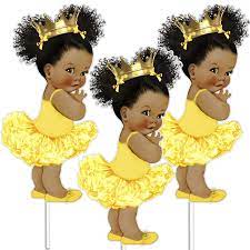 3 Yellow Gold Princess Centerpieces African American Baby Shower Decor In 2021 Black Baby Art Princess Centerpieces African American Babies